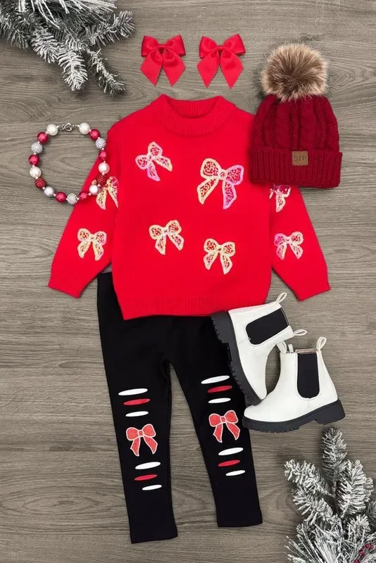 Red Sequin Bow Sweater Legging Set
