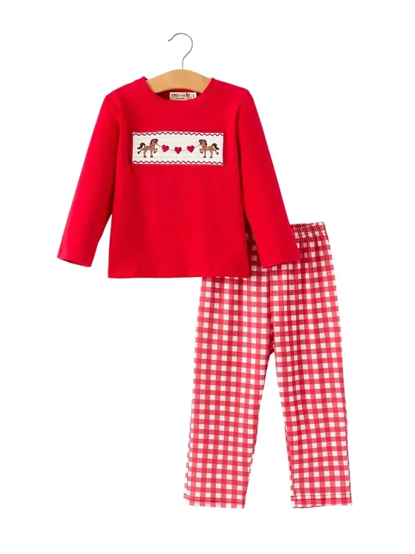 Red Valentine’s Day Plaid Smocking Embroidered Pony Boys Set