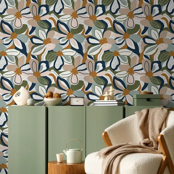 Retro Floral Wallpaper With Bold Abstract Flowers In Blue, Green, And Camel – D657