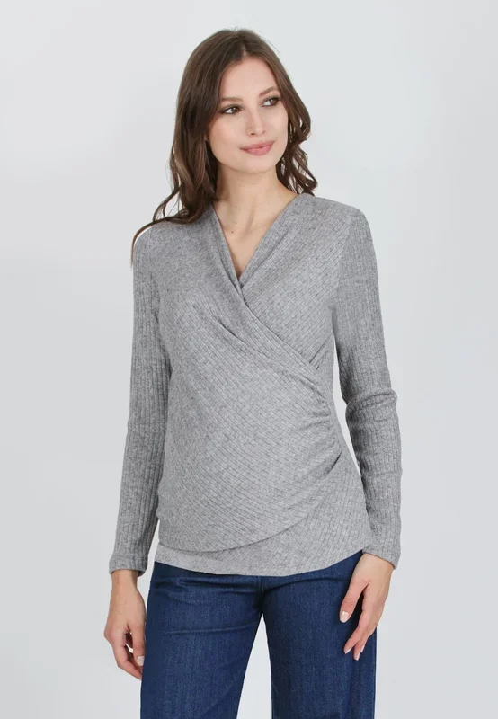 Ribbed Double Layer Maternity and Nursing Shirt, Light Grey