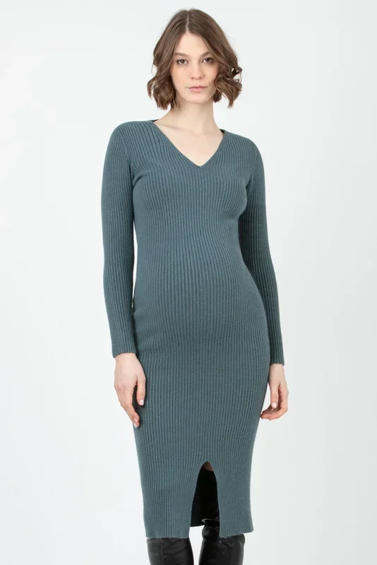 Ribbed knit bodycon maternity dress with slit, slate blue