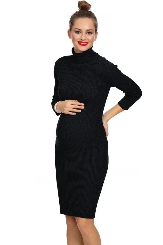 Ribbed knit maternity dress with roll neck, black