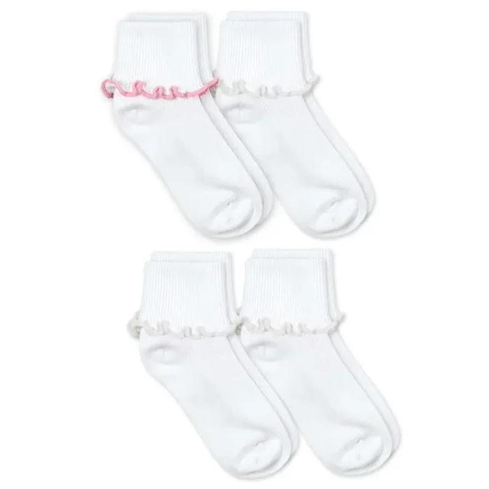 Ripple Edge Smooth Toe Turn Cuff Socks 2 Pair Pack Pink/White