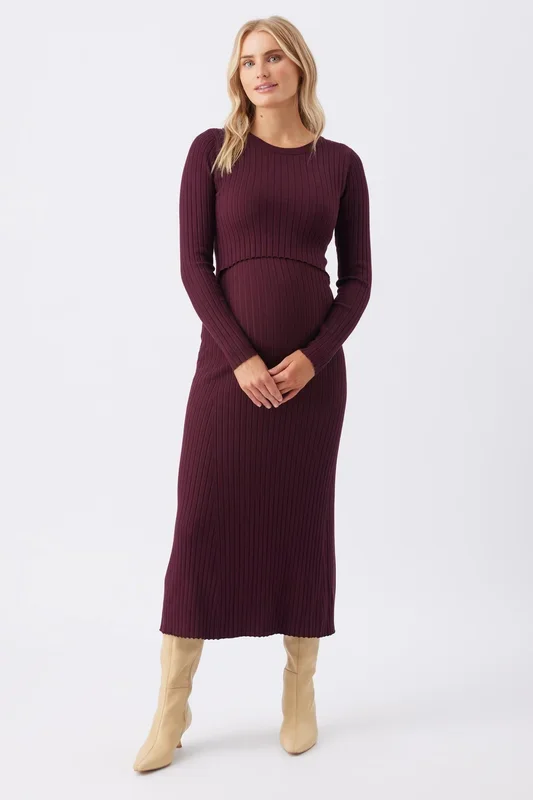 Rippstrick Umstands- und Stillkleid burgund