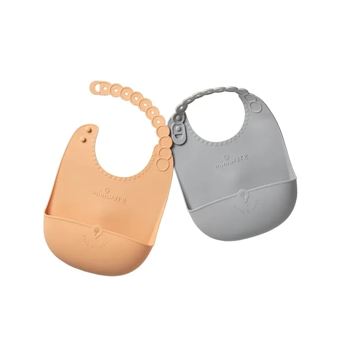 Roll & Lock Silicone Bib 2-pack – Toffee + Dove Grey