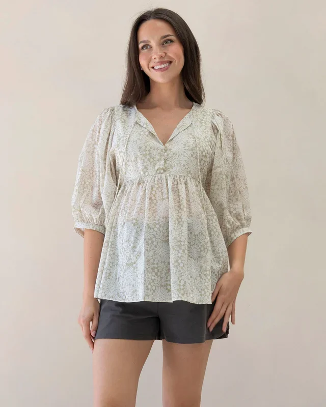 Romantic Daisy Print Cotton Tunic Top