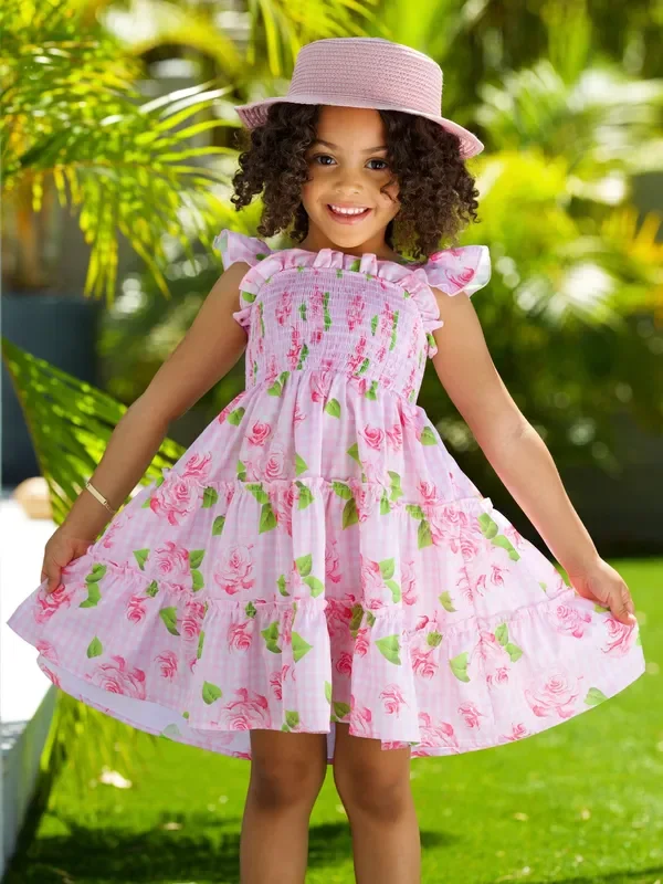 Rose Garden Gingham Smocked Tiered Dress