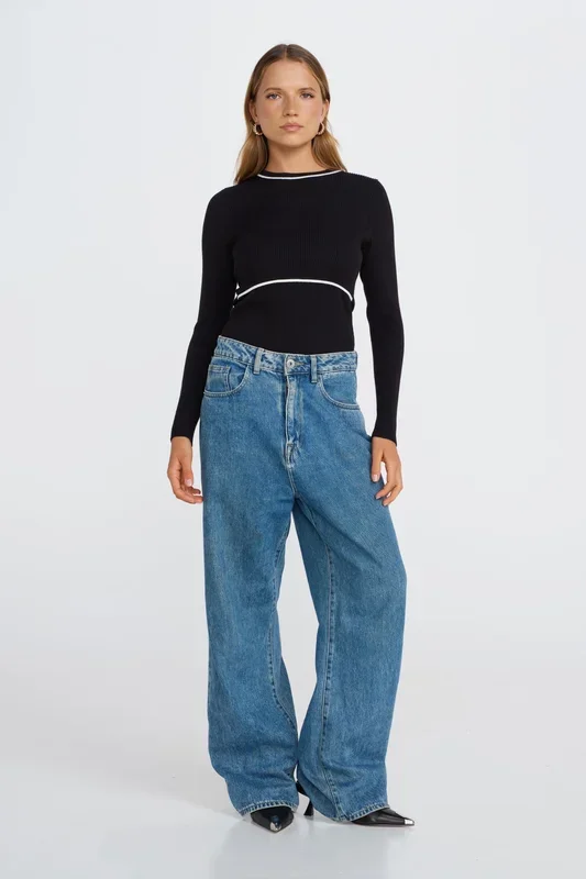 Rowe Long Sleeve Knit Top – Black / White