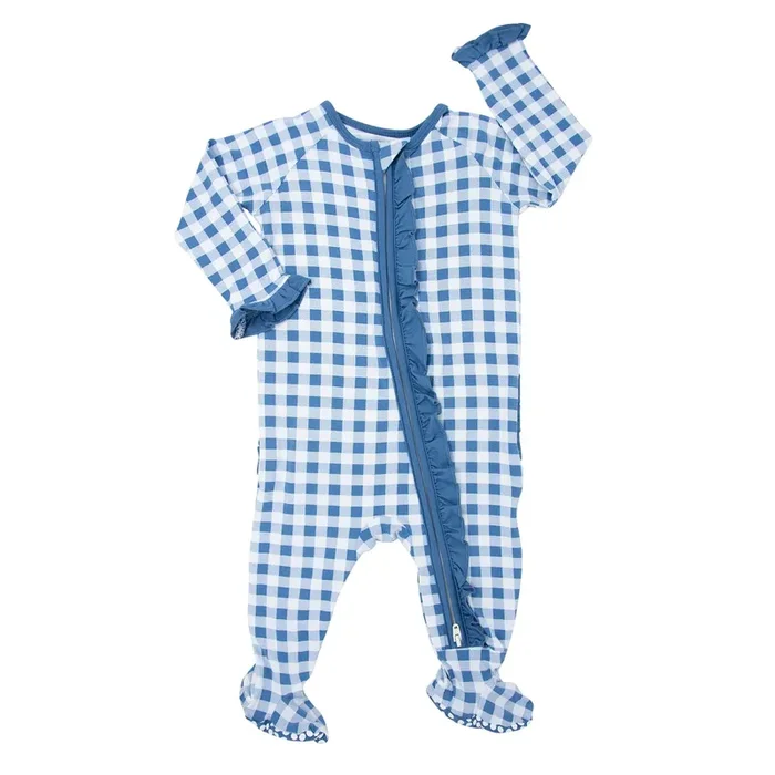 Ruffle Footie – Blue Gingham