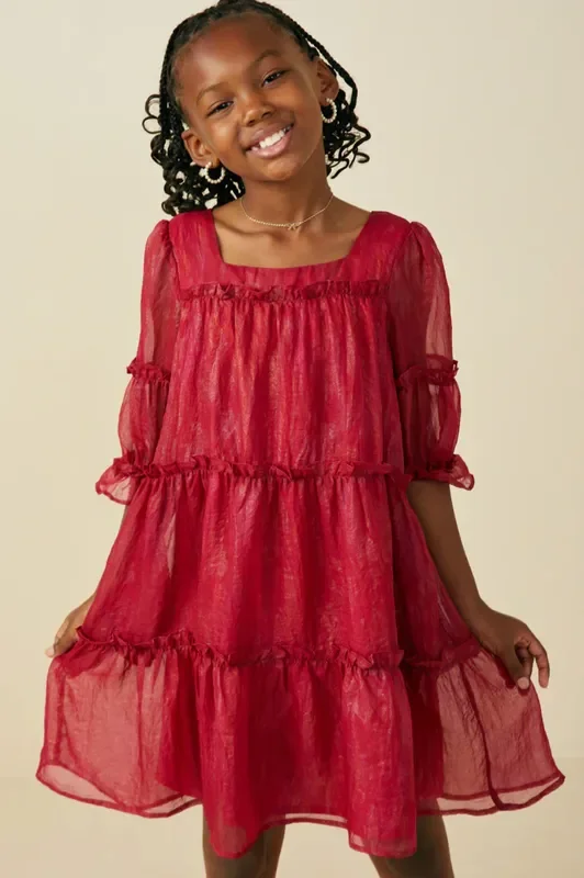 Ruffle Tiered Square Neck Dress | Burgundy