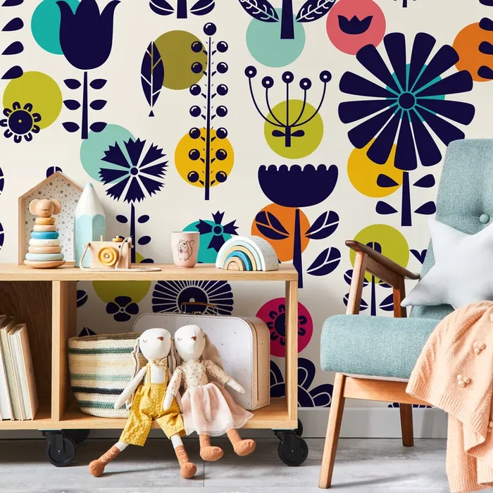 Scandinavian Floral Wallpaper With Bold Geometric Blooms In Navy Blue, Teal, And Yellow – A891