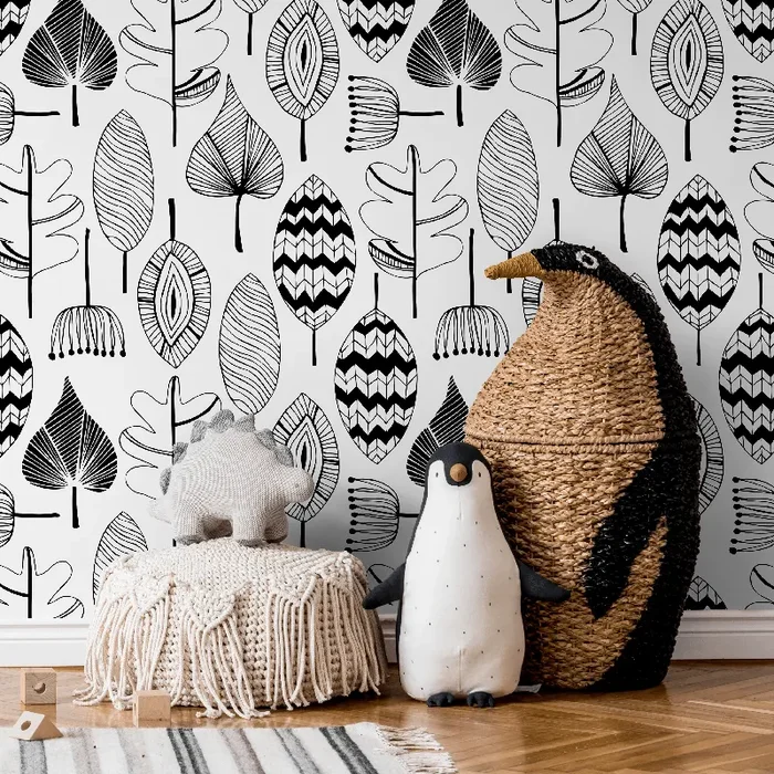 Scandinavian Wallpaper Featuring Abstract Foliage In Black And White – A411
