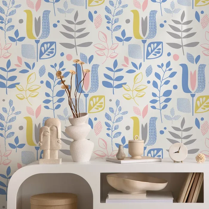 Scandinavian Wallpaper Featuring Abstract Leaves In Blue, Yellow, And Pink – B384