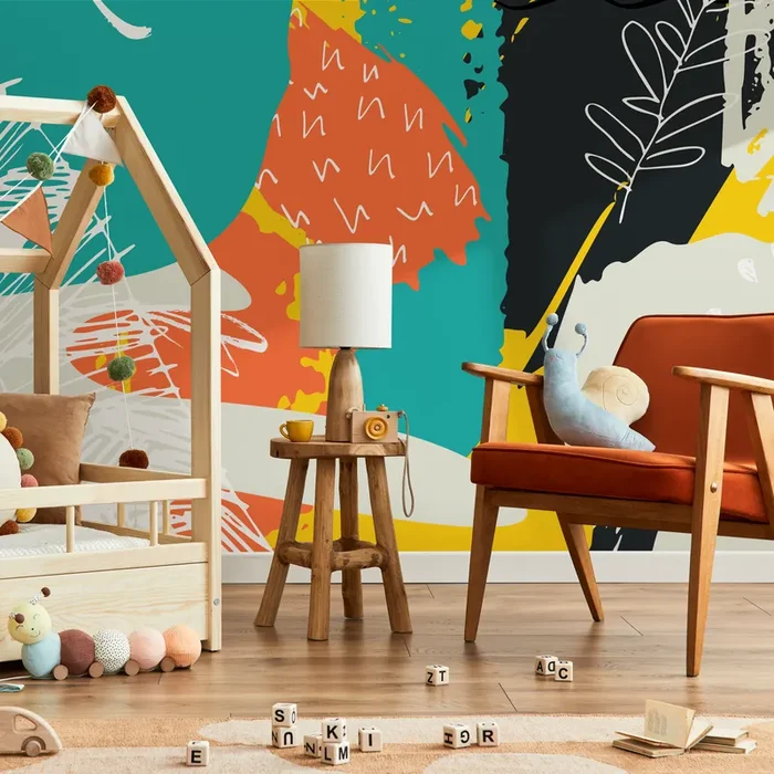 Scandinavian Wallpaper Featuring Abstract Shapes In Teal, Orange, And Black – B458