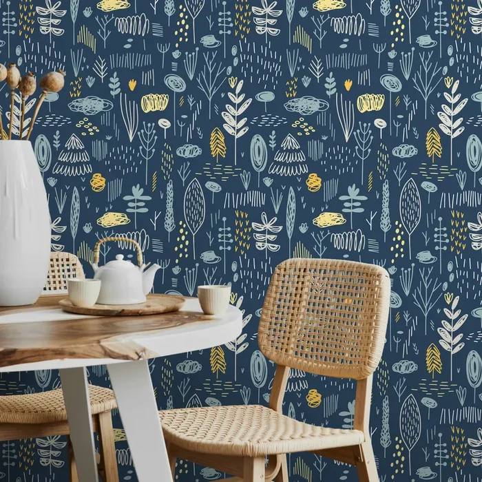Scandinavian Wallpaper With A Folk Art Forest Motif In Blue And Yellow – A857
