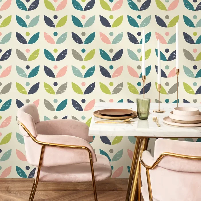 Scandinavian Wallpaper With A Geometric Petal Motif In Teal, Pink, And Green – A523