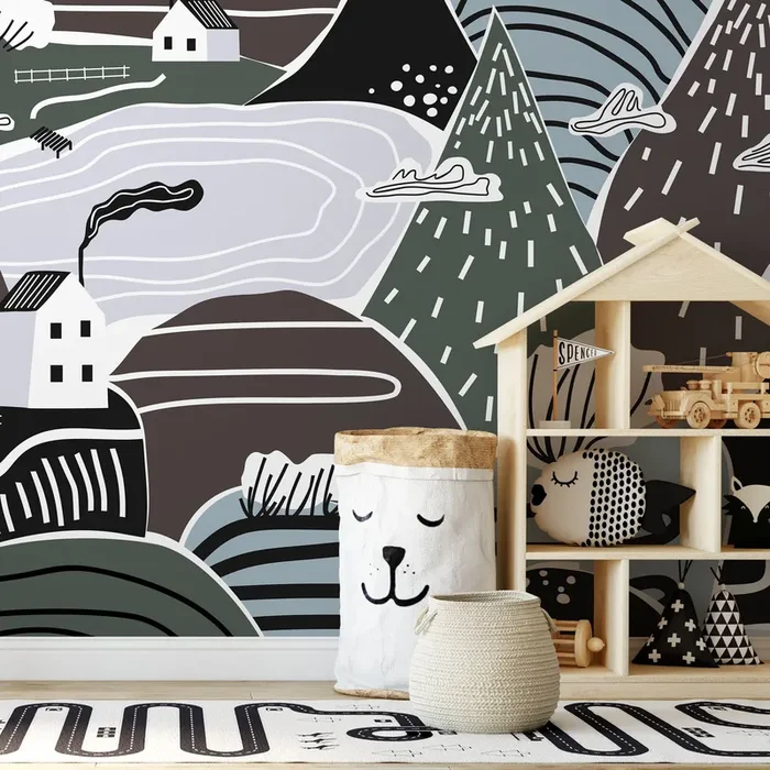 Scandinavian Wallpaper With A Mountain Village In Green, Brown, And Blue – A567