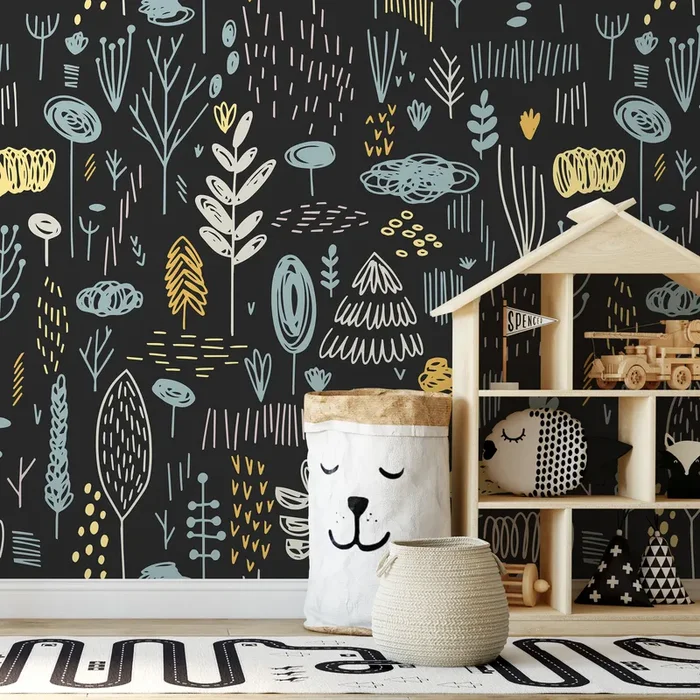 Scandinavian Wallpaper With A Nordic Woodland Motif In Black, Blue, And Yellow – A895