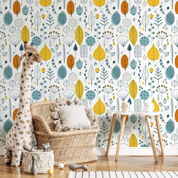 Scandinavian Wallpaper With A Woodland Motif In Teal, Yellow, And Orange – A398