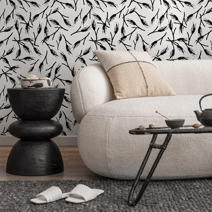 Scandinavian Wallpaper With Abstract Branches In Black And Light Gray – B056