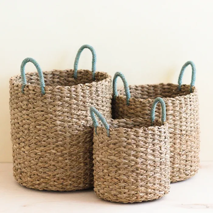 Seagrass Woven Baskets With Sky Blue Handle Set Of 3 – Straw Baskets | Likhâ