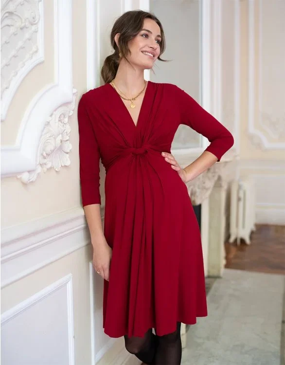 Seraphine Maternity 3/4 Sleeve Front Knot Dress Jolene Claret