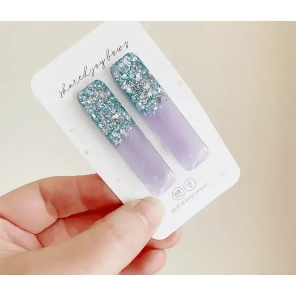 Shared Joy Bows Resin Hair Clips- Mint & Lavender Glitter