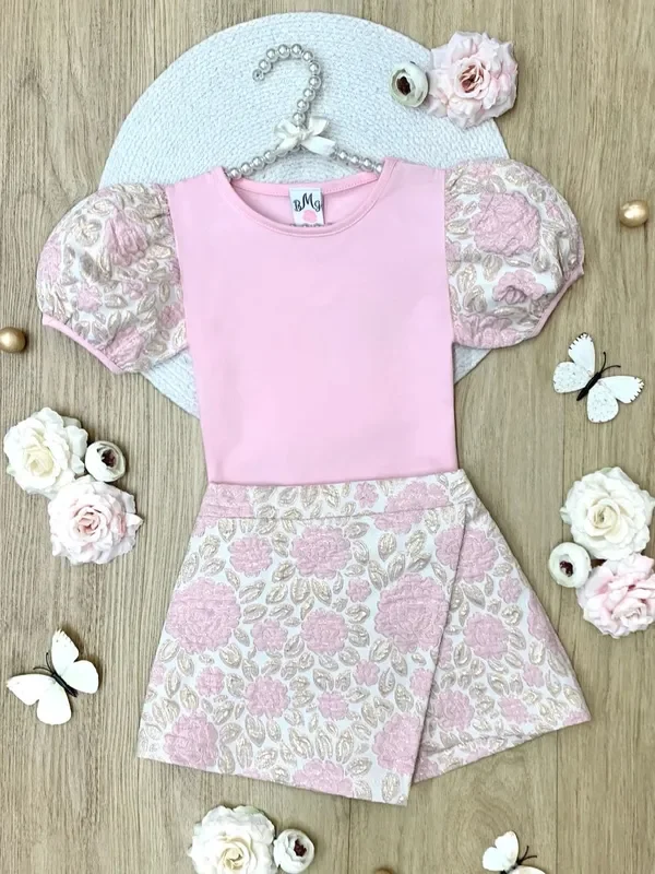 Shimmer in Spring Puff Sleeve Top & Metallic Floral Skort Set