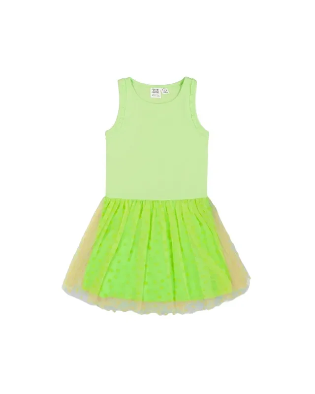 Shiny Ribbed Dress With Mesh Flocking Flowers Lime