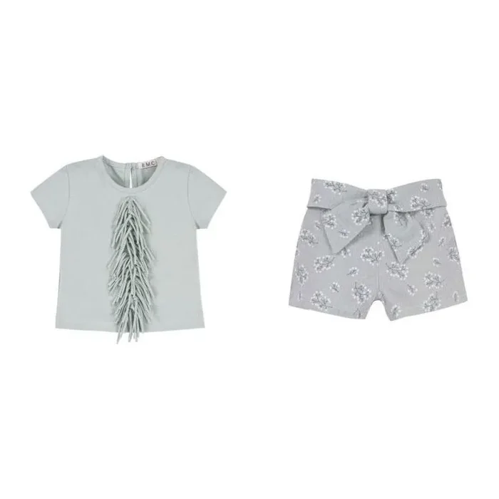 Short Sleeve Fringe Shirt and Green Floral Short