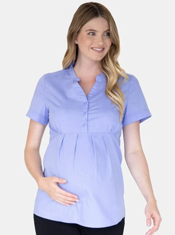 Short Sleeve Maternity & Nursing Blouse Work Top – Blue