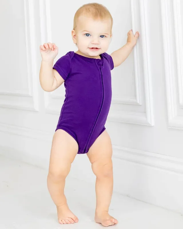 Short Sleeve Zipper Bodysuit In Violet, 6-9m