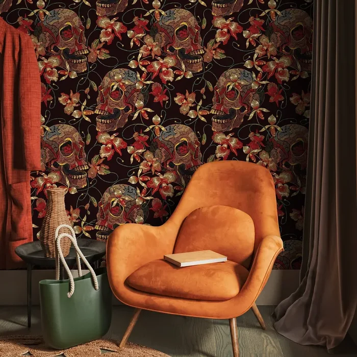 Skull Wallpaper With An Embroidered Floral Motif In Black, Red, And Yellow – D896