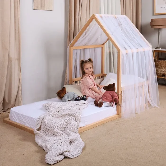 Small Wooden Montessori House Floor Bed With Fence And Roof For Kids (75×38 Inch)