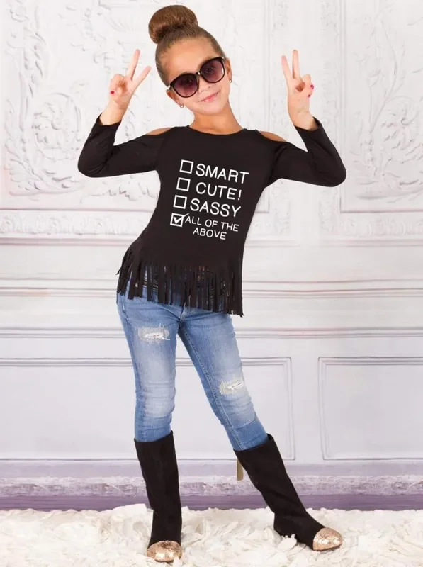 Smart, Cute, Sassy Checklist Cold Shoulder Fringe Top