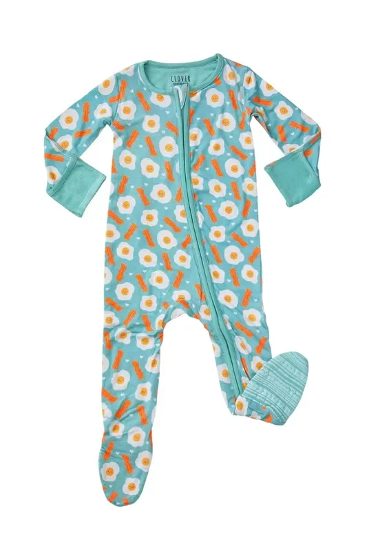 Soft & Stretchy Zipper Footie – Bacon & Eggs Blue