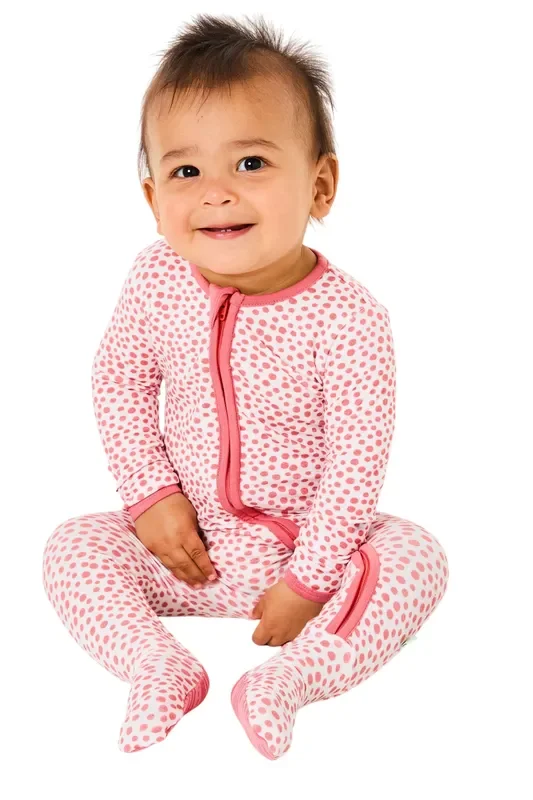 Soft & Stretchy Zipper Footie – Coral Dots