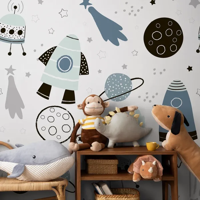 Space Wallpaper With Rockets, Planets, And Stars In Blue, Black, And Grey – A596