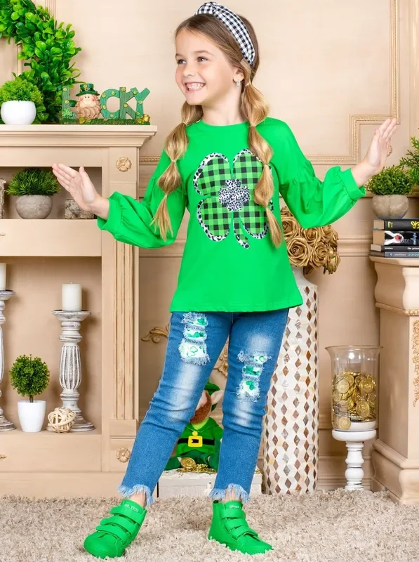Sparkly Clover Long Sleeved Plaid Applique Top