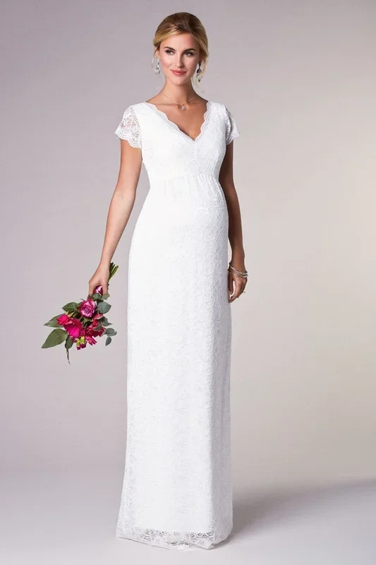 Spitzen Umstandsbrautkleid mit V-Ausschnitt lang