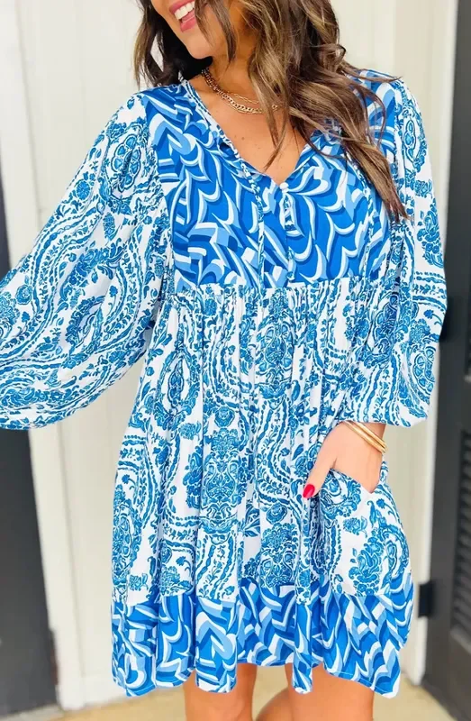 Sr Sky Blue Bohemian Print Puff Sleeve Tied V Neck Flared Mini Dress