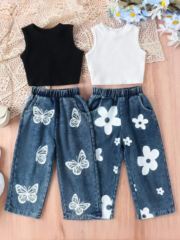 Stay Cute Rib Knit Top and Painted Jeans Set