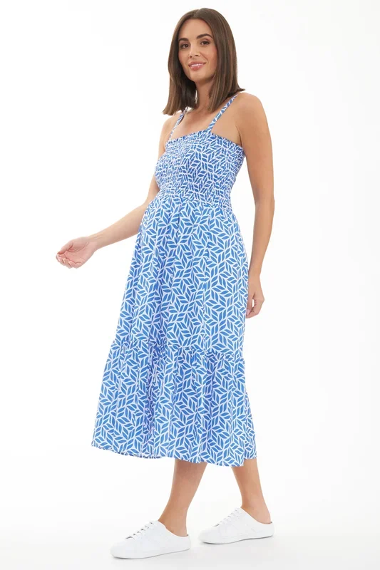 Strappy maternity and nursing dress with smock detail and graphic print