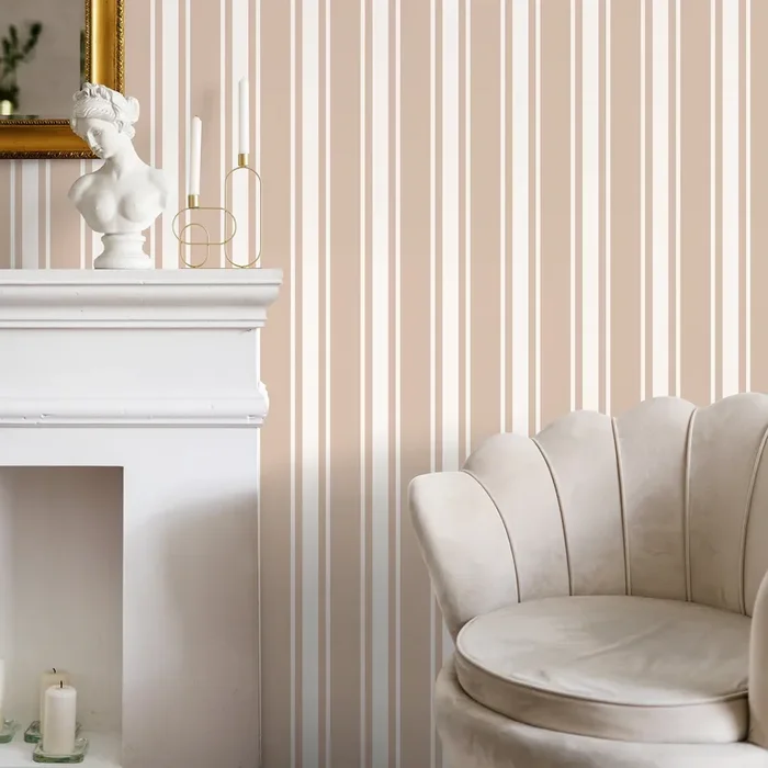 Striped Wallpaper With A Classic Vertical Stripe Motif In Beige And White – D757