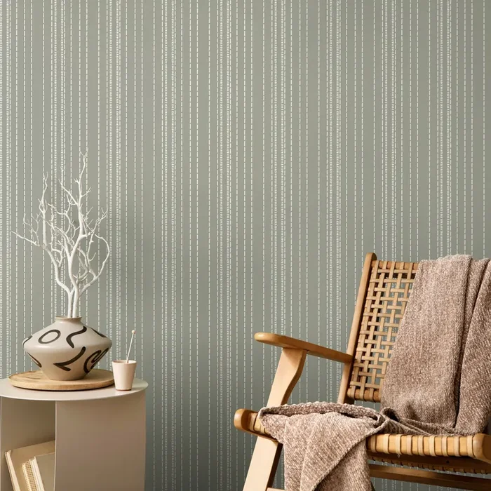 Striped Wallpaper With Hand-drawn Dashes In Sage Green And White – D853