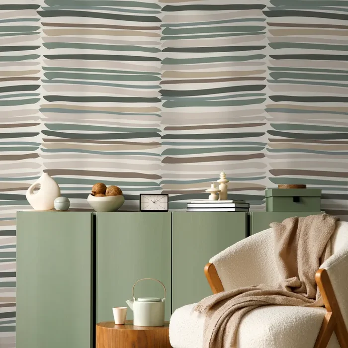 Striped Wallpaper With Organic Brushstrokes In Green, Brown, And Gray – D794