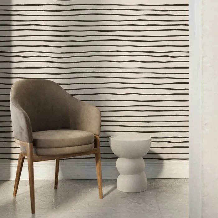 Striped Wallpaper With Wavy Hand-drawn Lines In Black And Beige – D777