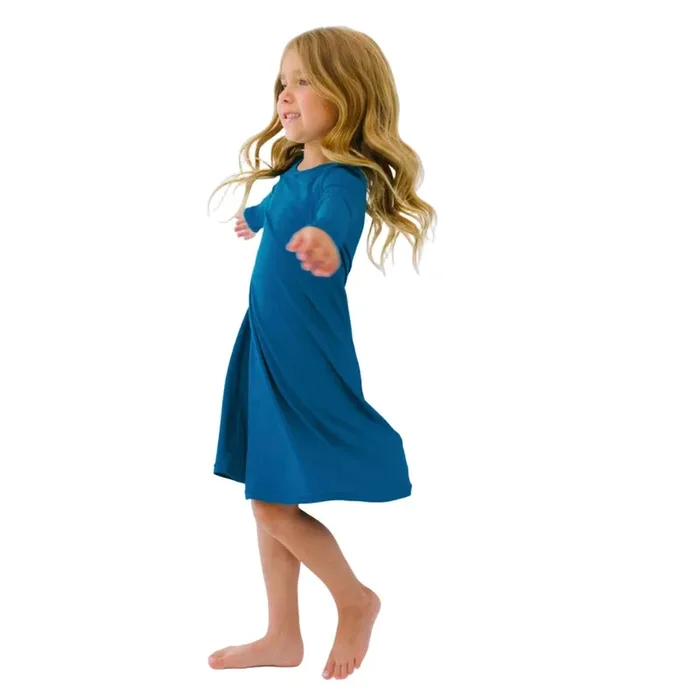 Teal Blue Bamboo Girls’ Long Sleeve Dress