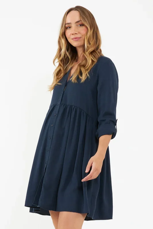 Tencel maternity and nursing dress with button placket, navy
