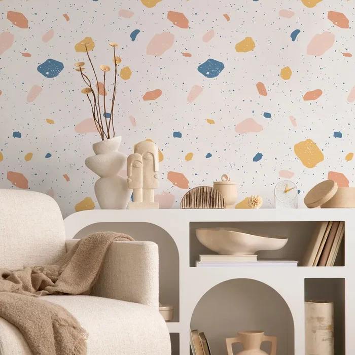 Terrazzo Wallpaper With Abstract Stone Chips In Blue, Pink, And Yellow – B111